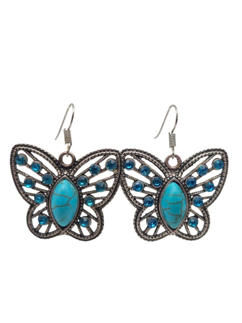 Butterfly Faux Turquoise Blue Rhinestone Dangle Earrings Antique Silver Tone